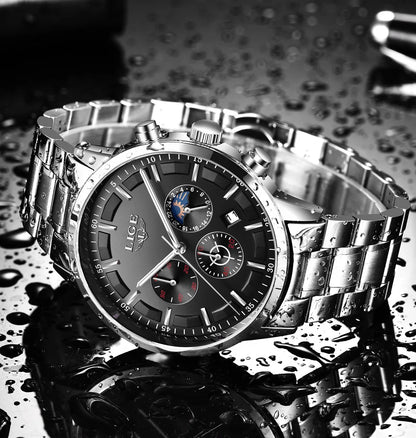 LIGE herenhorloge – Luxe quartz-chronograaf, waterdicht (3 bar), met lichtgevende wijzers – Cadeautip (inclusief doos)