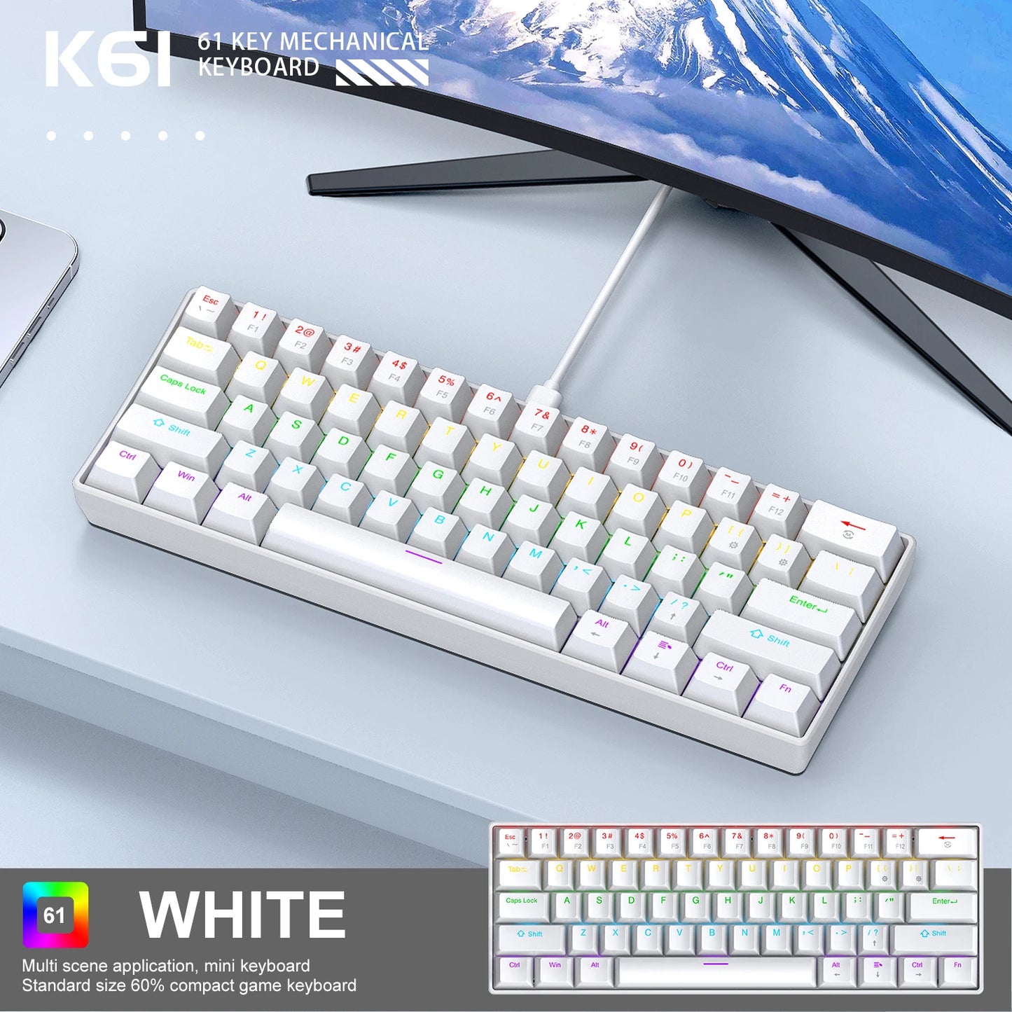 Teclado mecânico gaming com fios APAYADO K61 60% Mini Phantom RGB, 61 teclas, switches vermelhos/azuis, ergonómico, portátil para PC/portátil
