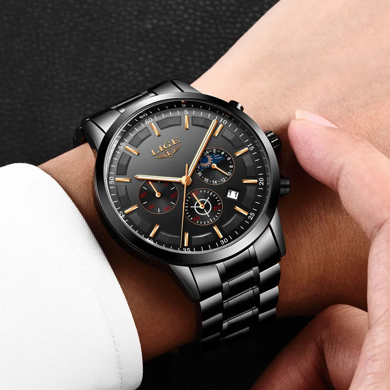 LIGE herenhorloge – Luxe quartz-chronograaf, waterdicht (3 bar), met lichtgevende wijzers – Cadeautip (inclusief doos)