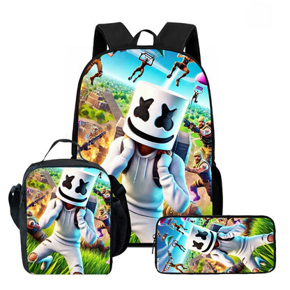 Fortnite Cartoon 3pcs Backpack Set for Boys Girls Unisex Including School Bag Lunch Bag Pencil Case Suitable for ages 5-8