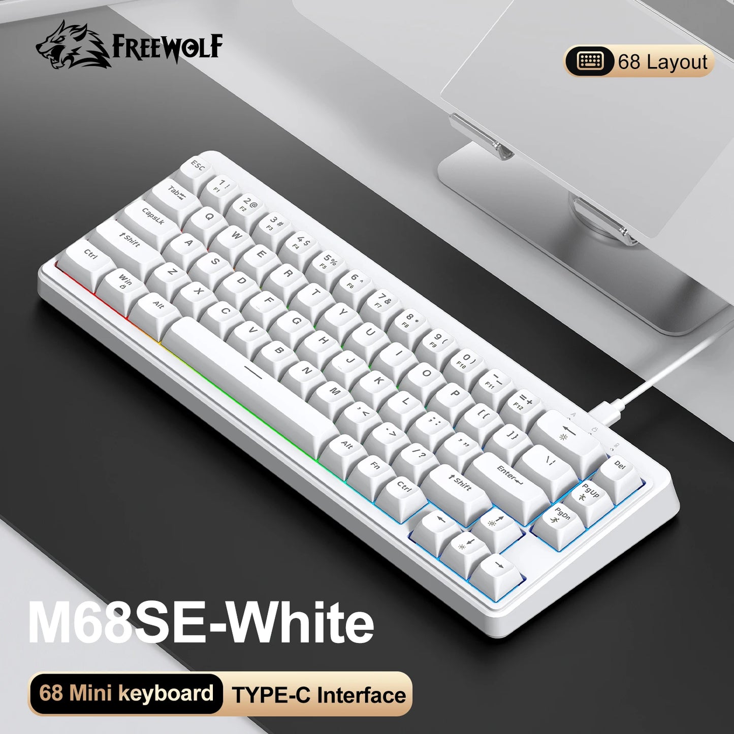 FREEWOLF M68SE Teclado Mini com Fio de 68 Teclas, Retroiluminação RGB, Type-C, Layout 68%, Compacto para Gaming, Escritório, PC e Portátil