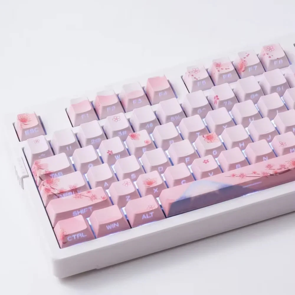Conjunto de Keycaps Sakura Pink com Gravação Lateral em PBT Translúcido, 127 Teclas para Teclados Mecânicos MX Switch 60/84/90/104/108