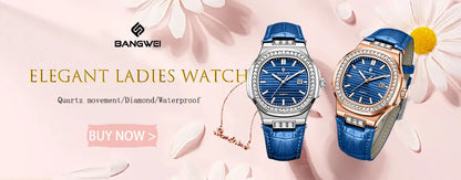 New Fashion BANGWEI Elegant Luxury Quartz Woman Watch Simple Dial Diamond Retro Leather Date Waterproof Luminous Women's Watches