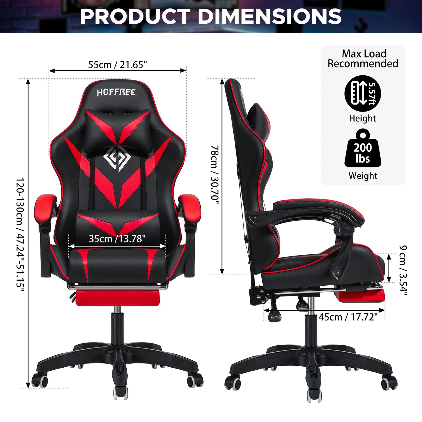 200Lbs Gaming Chair with Massage Lumbar Support, Ergonomic PC Gaming Chair with Footrest, Reclining Adjustable Armrest Computer Chair