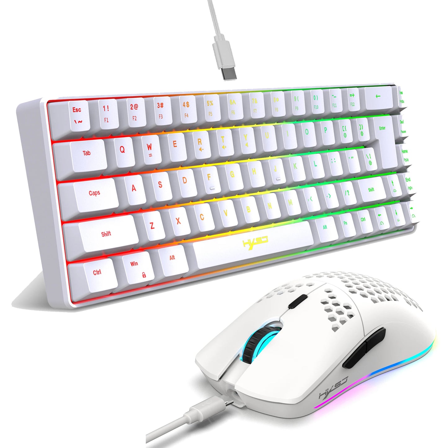 Conjunto portátil de teclado e rato gaming HXSJ 60% RGB: teclado de membrana com fios de 68 teclas e rato sem fios leve de 3 modos para PC e Mac