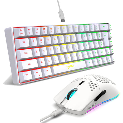 Conjunto portátil de teclado e rato gaming HXSJ 60% RGB: teclado de membrana com fios de 68 teclas e rato sem fios leve de 3 modos para PC e Mac