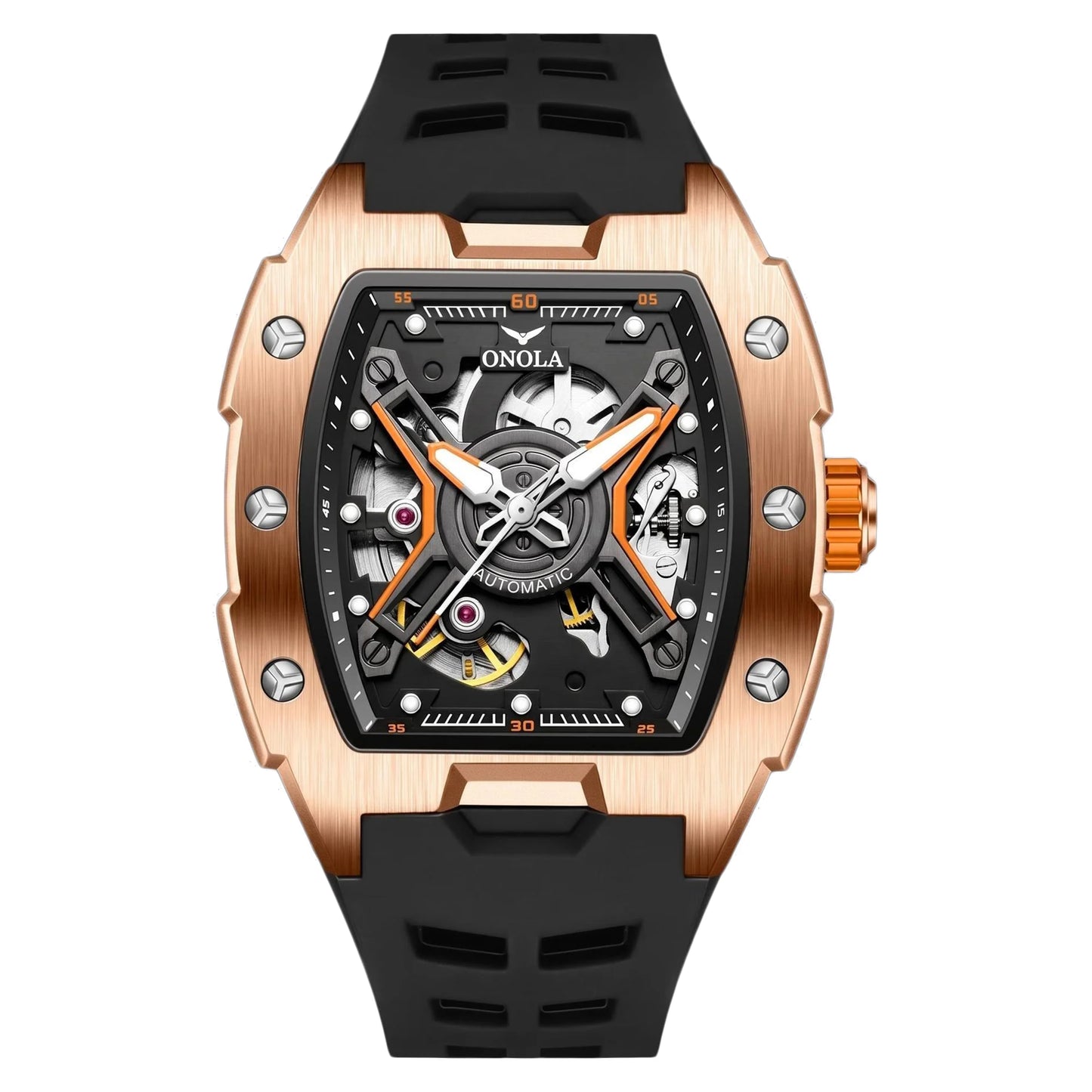 ONOLA Men's Rose Gold Automatic Mechanical Watch Silicone Strap Waterproof Luminous Hollow Dial Watch