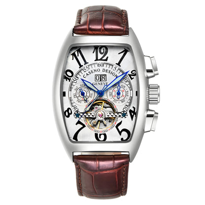 CASENO Top Luxury Brand Men's Fully Automatic Mechanical Tourbillon Watch Calendar Night Glow Tonneau Skeleton Watch -577G