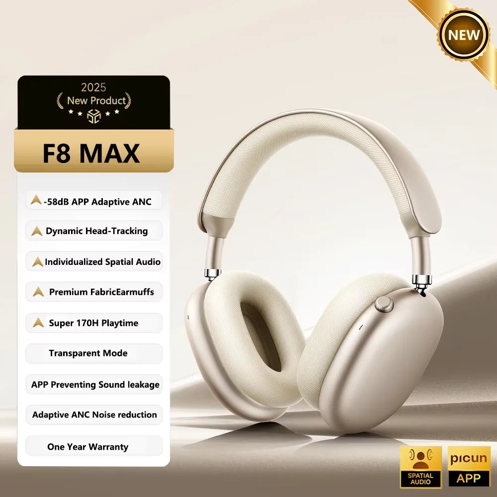 Picun F8 Pro ANC Wireless Headphones with 3D Spatial Audio, Bluetooth 5.4 Head Tracking, -52dB Noise Cancelling, HiFi Gaming Headset