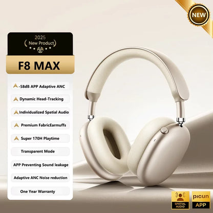 Picun F8 Pro ANC Wireless Headphones with 3D Spatial Audio, Bluetooth 5.4 Head Tracking, -52dB Noise Cancelling, HiFi Gaming Headset