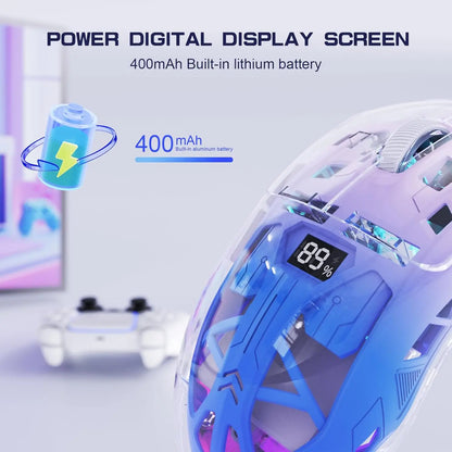 A2 przezroczysta bezprzewodowa mysz gamingowa, BT 5.0/2.4G, ładowalna mysz RGB do PC z ekranem cyfrowym, PixArt 3212, 5 regulowanych poziomów DPI