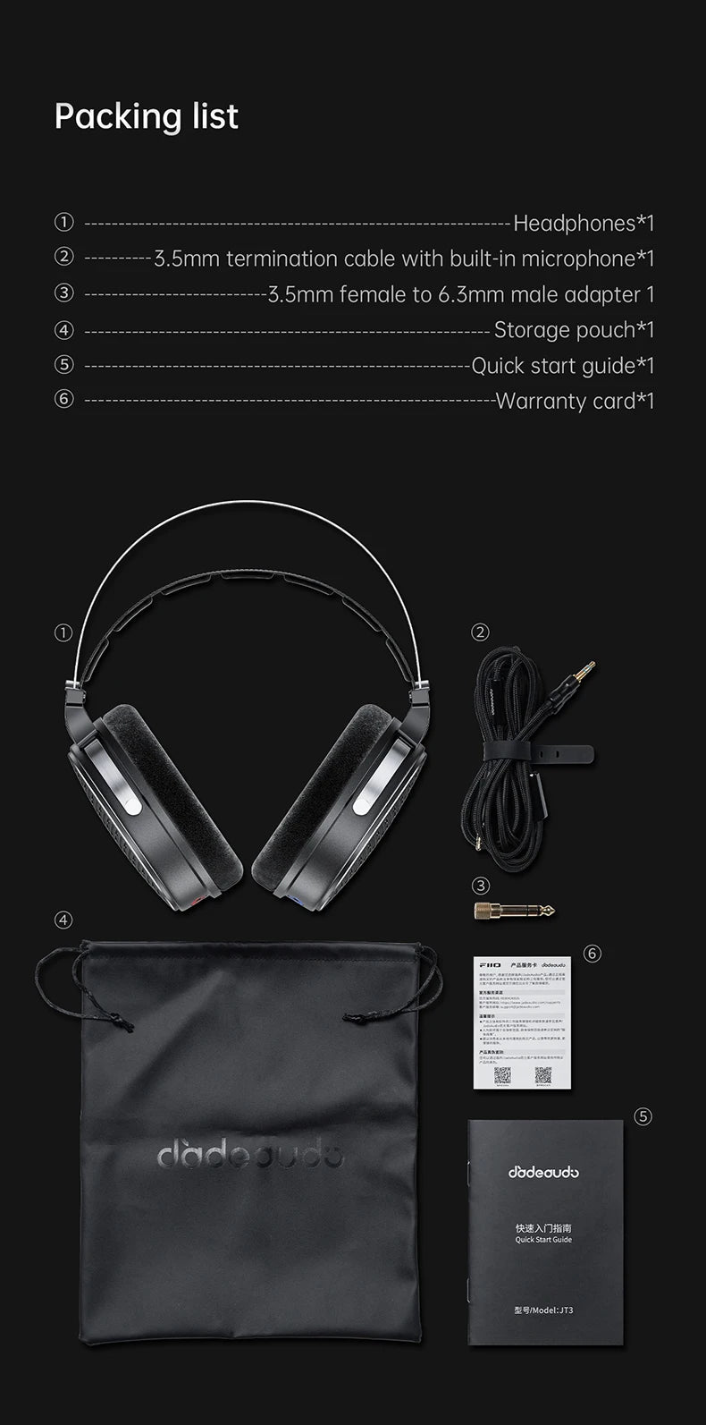Auscultadores FiiO JT3 Over-Ear com Fio e Design Aberto, Driver Dinâmico de 50mm HiFi, Cabo Amovível
