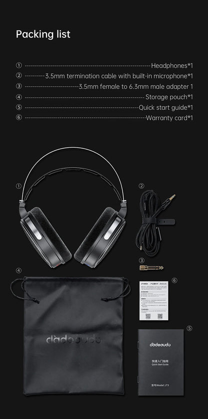 Auscultadores FiiO JT3 Over-Ear com Fio e Design Aberto, Driver Dinâmico de 50mm HiFi, Cabo Amovível