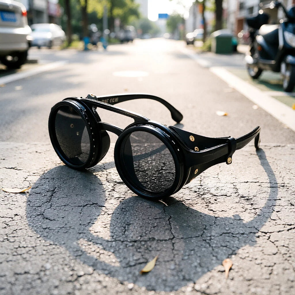 Adjustable 9-Gear ND Filter Steampunk Sunglasses UV400 Round Retro Punk Sun Glasses with Side Shields Leather Patch for Men Wome