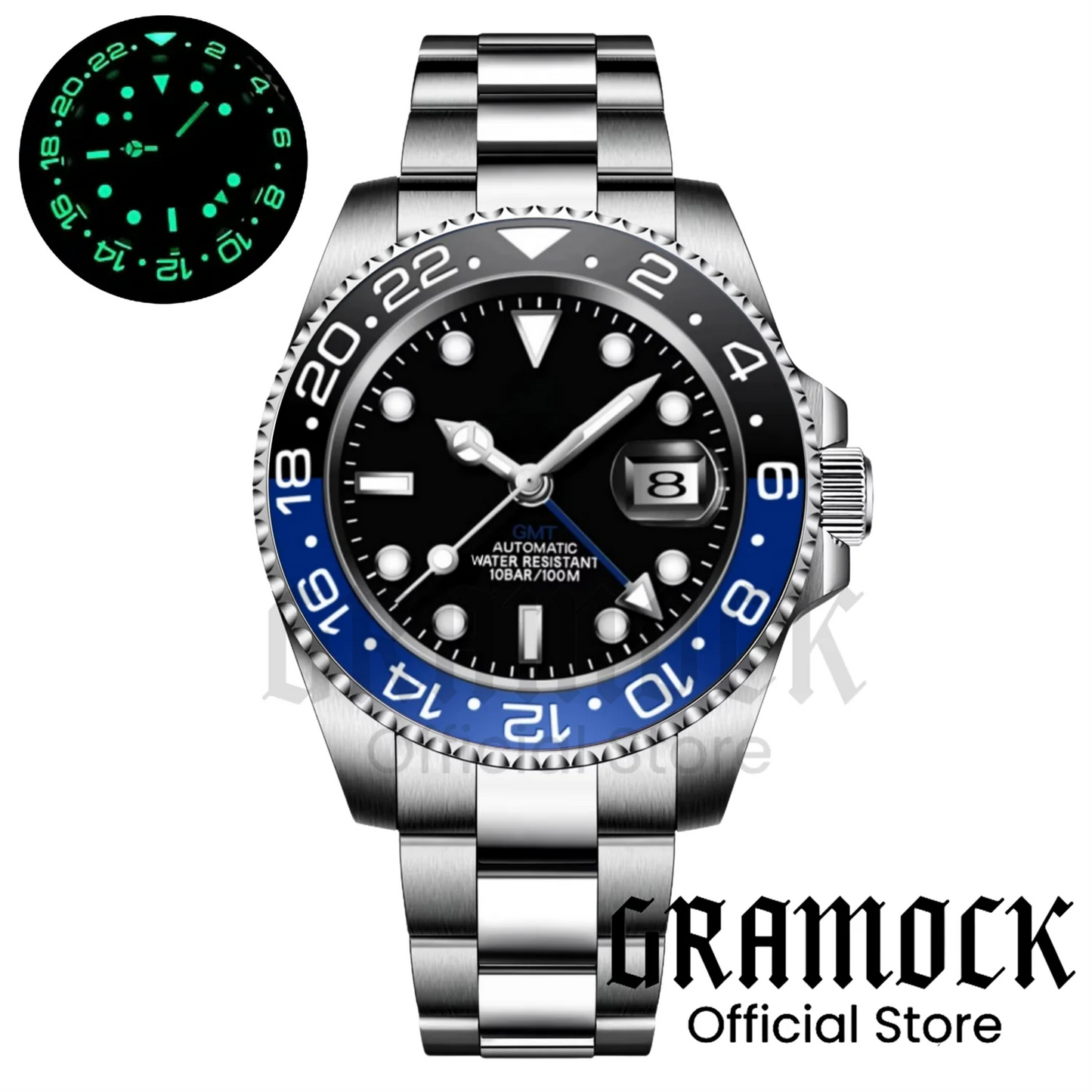 Gramock White Dial Blue GMT 40MM Watch For Men Roating Bezel Sapphire Glass Waterproof Reloj Hombre NH34A Mechanical Wristwatch