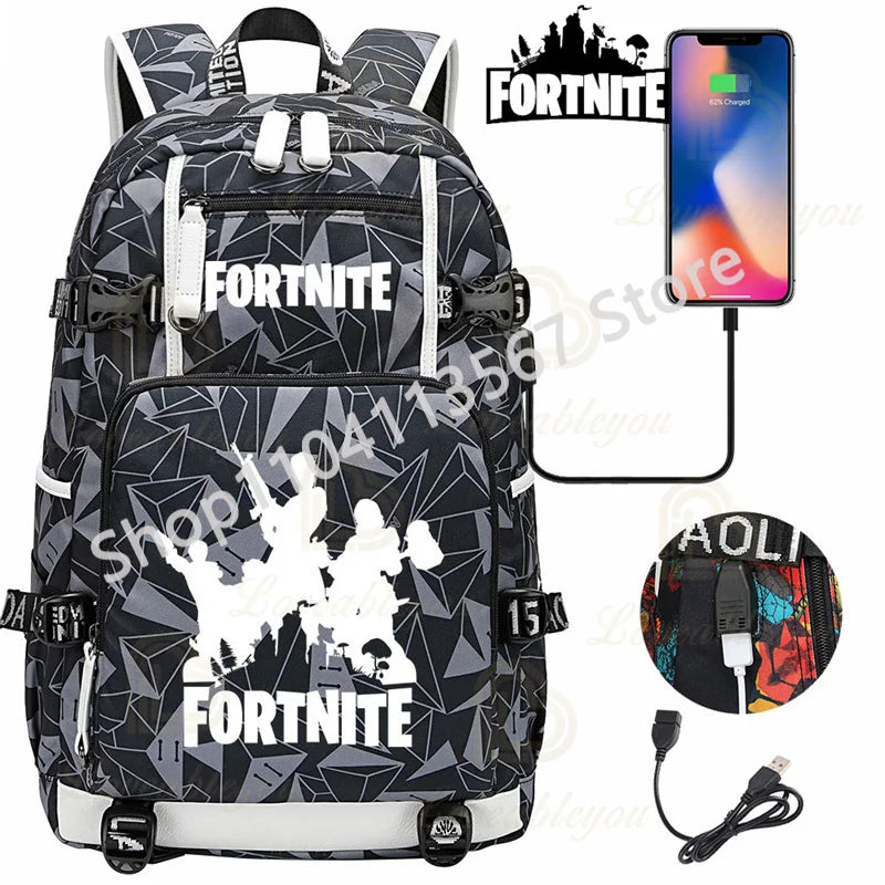 Yule Trooper F-Fortnited Battle Royale Backpack with USB Charging Anime Figures Study Stationery Compartment Students Mochila