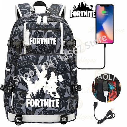 Yule Trooper F-Fortnited Battle Royale Backpack with USB Charging Anime Figures Study Stationery Compartment Students Mochila