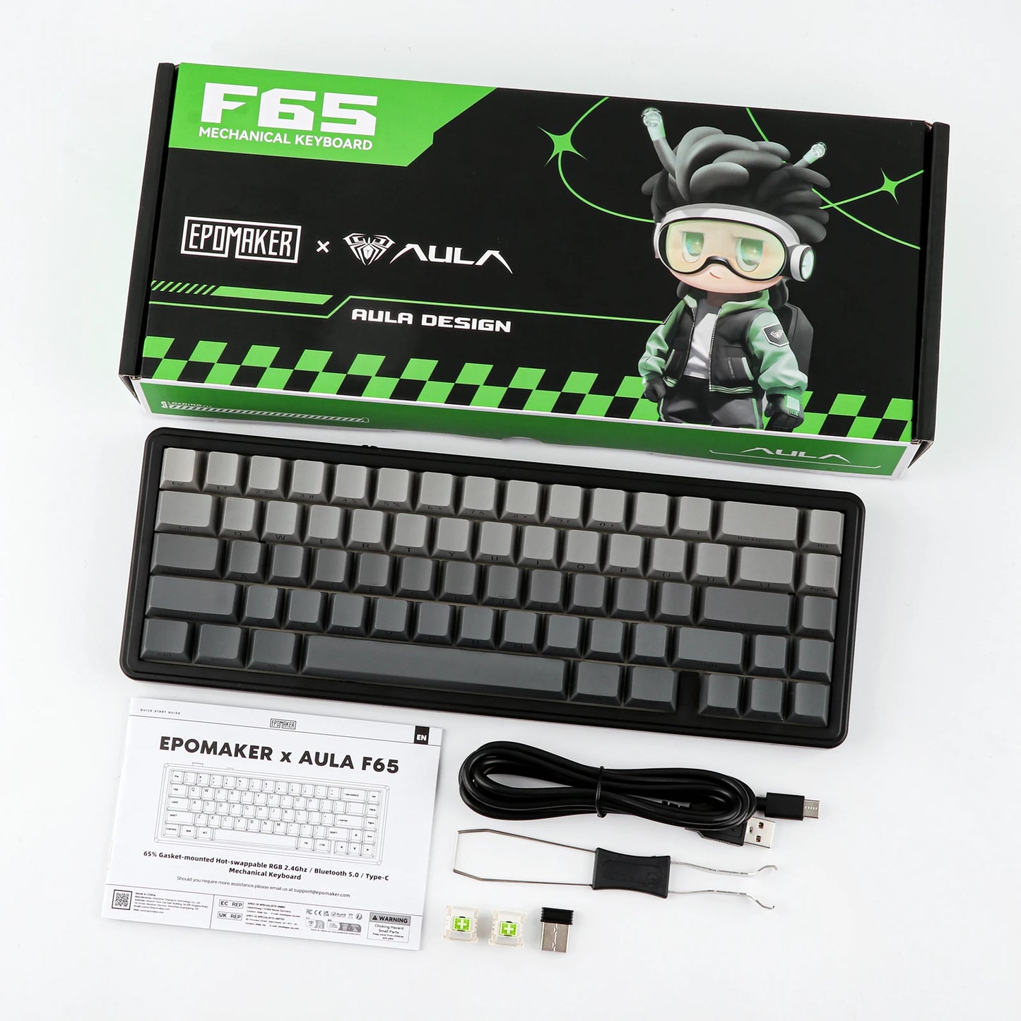 Teclado mecânico EPOMAKER x AULA F65 com layout 65%, hot-swap, montagem gasket e ligação com fios/Bluetooth/2.4G sem fios para Mac/Win