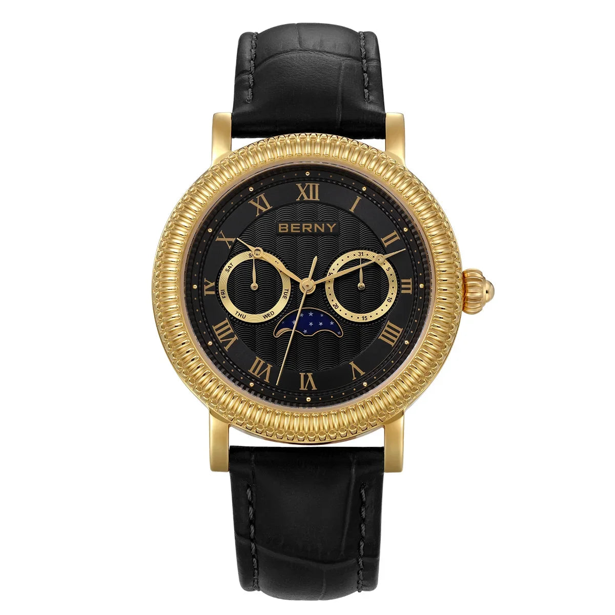 BERNY Watches for Men Luxury Dress Brand Business Gold Quartz Real Moons Man Watch S/S Sapphire Calendar Moon Phase Wristwatch