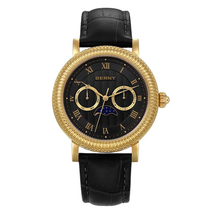 BERNY Watches for Men Luxury Dress Brand Business Gold Quartz Real Moons Man Watch S/S Sapphire Calendar Moon Phase Wristwatch
