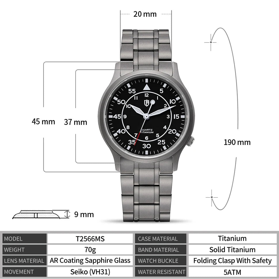 BERNY Titanium Watch For Men AR Coating Sapphire Fashion Wristwatch Luminous VH31 Ultra-thin Quartz Watch Waterproof 5ATM Watch