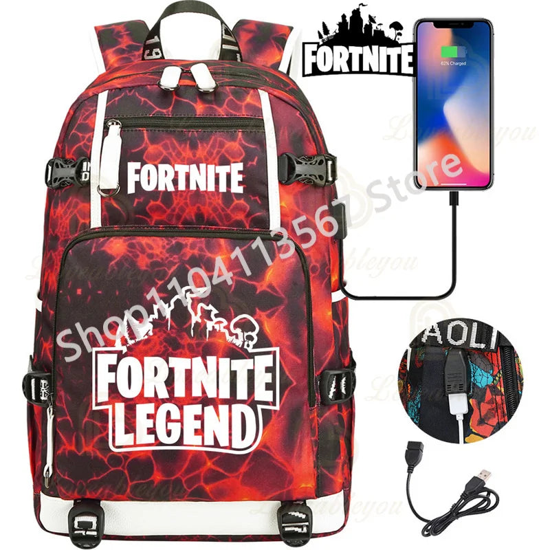 Yule Trooper F-Fortnited Battle Royale Backpack with USB Charging Anime Figures Study Stationery Compartment Students Mochila