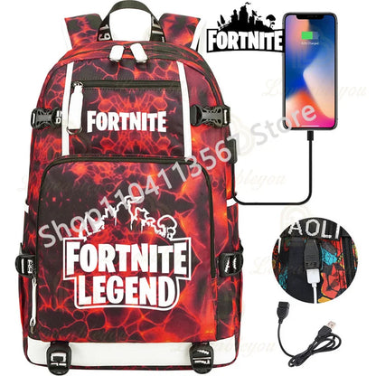 Yule Trooper F-Fortnited Battle Royale Backpack with USB Charging Anime Figures Study Stationery Compartment Students Mochila