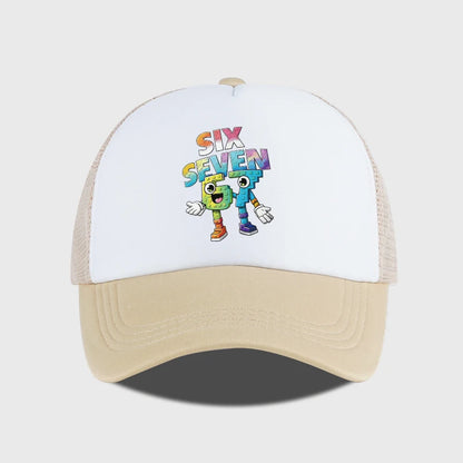Six Seven Cartoon Number Print Sponge Mesh Cap – Unisex Colorful Building Block Mesh Baseball Cap – Adjustable, Breathable Sun H