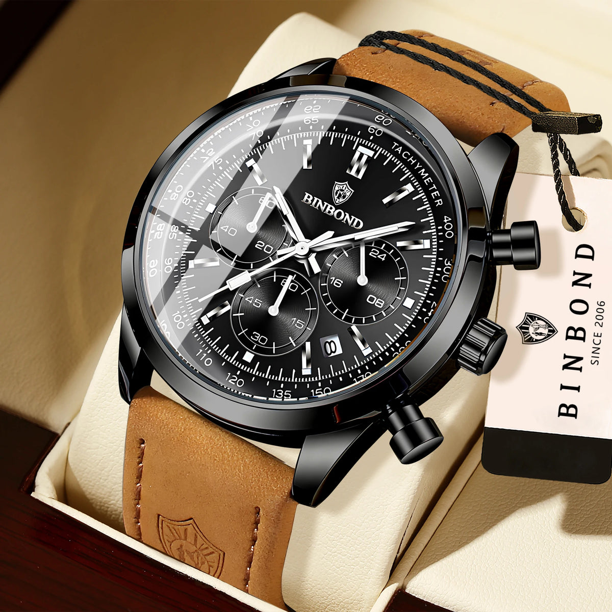Robuust en nauwkeurig BINBOND-kwartschronograafhorloge voor heren, luxe, met automatische datum, verlicht en waterdicht, casual stijl.