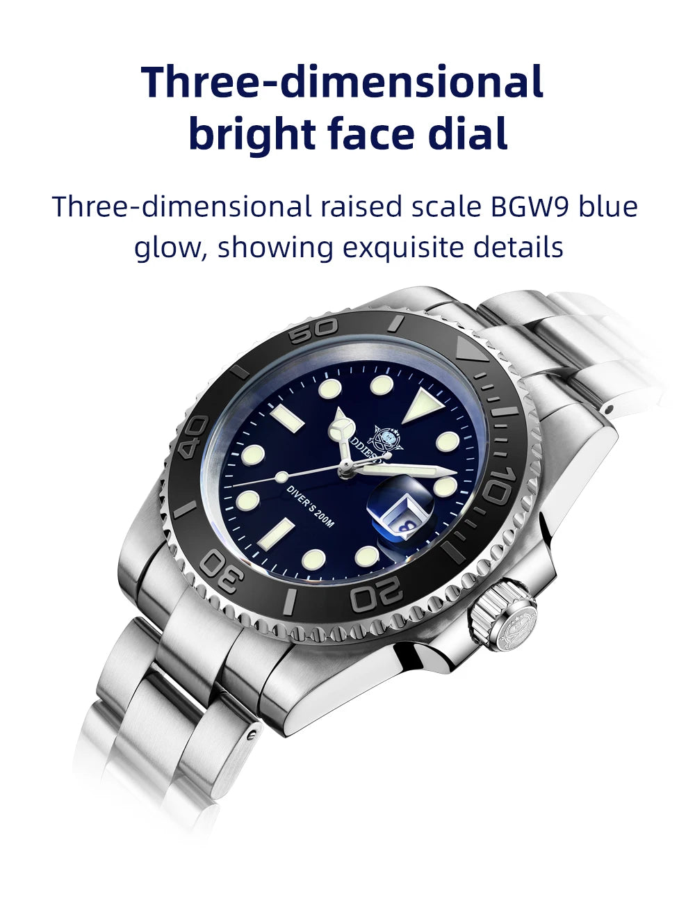 ADDIESDIVE Men's Quartz Watch 200m Waterproof Ceramic Bezel Steel Watch Magnifying Mirror Glass BGW9 Blue Luminous Diving Watch