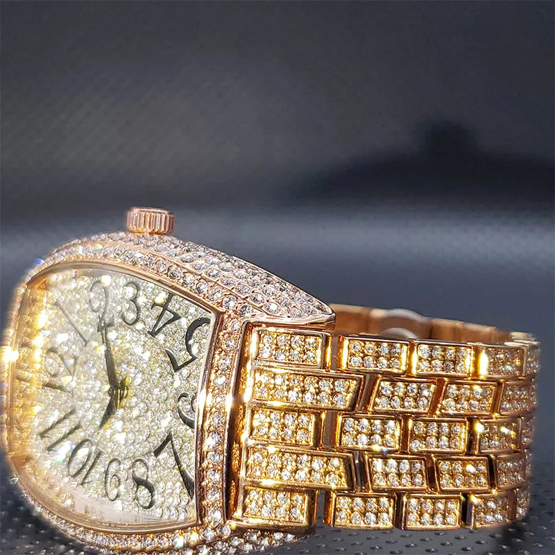 Stainless Steel Men's Watches Luxury Diamond Silver Iced Out Quartz Watch Top Brand 30M Waterproof Big Dial Tonneau Reloj Hombre