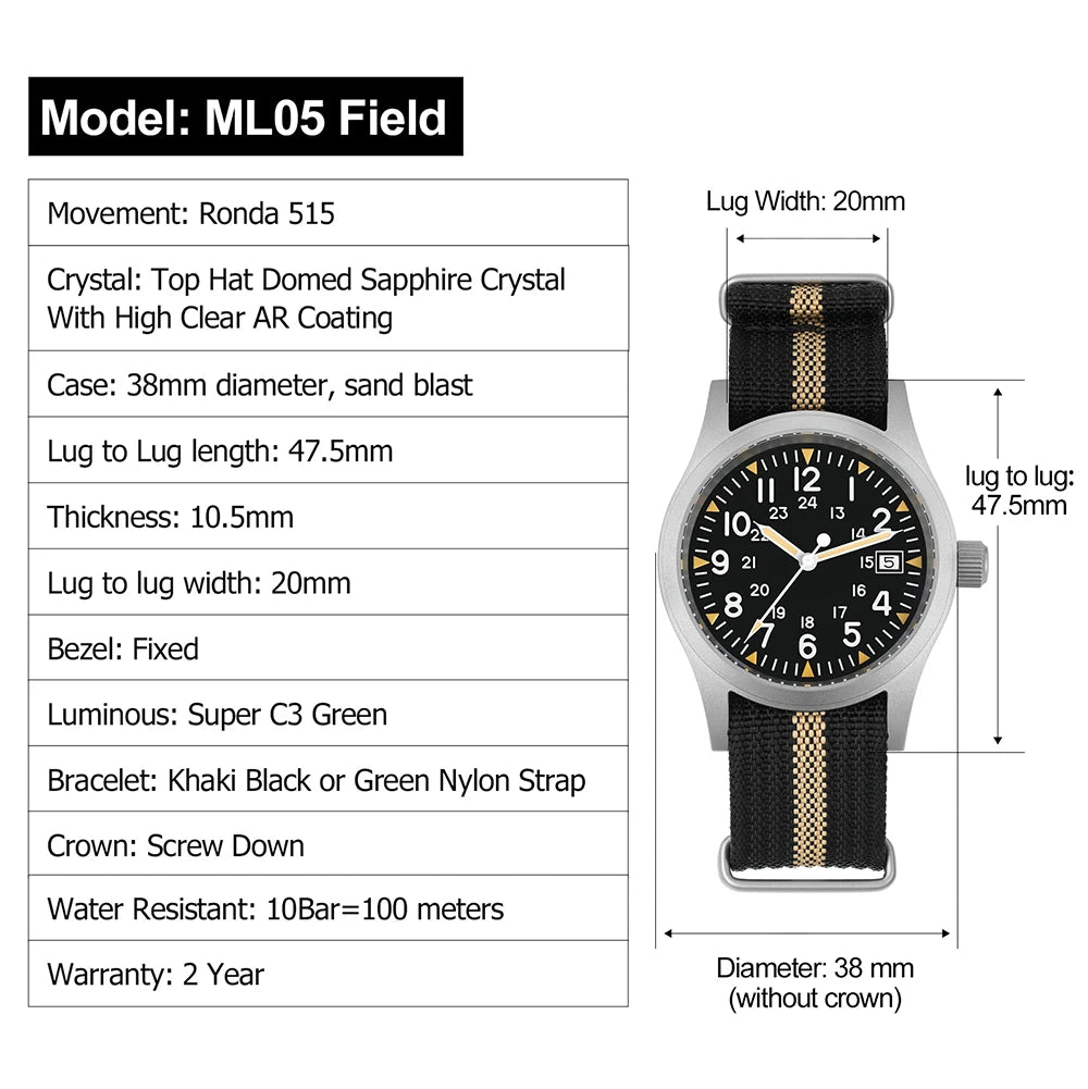 Militado ML05 38mm Quartz Watch Miyota 2035/Ronda 515 Movement Watches Domed Sapphire Crystal Luminous 100m Waterproof Watches