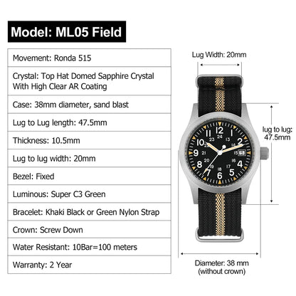 Militado ML05 38mm Quartz Watch Miyota 2035/Ronda 515 Movement Watches Domed Sapphire Crystal Luminous 100m Waterproof Watches
