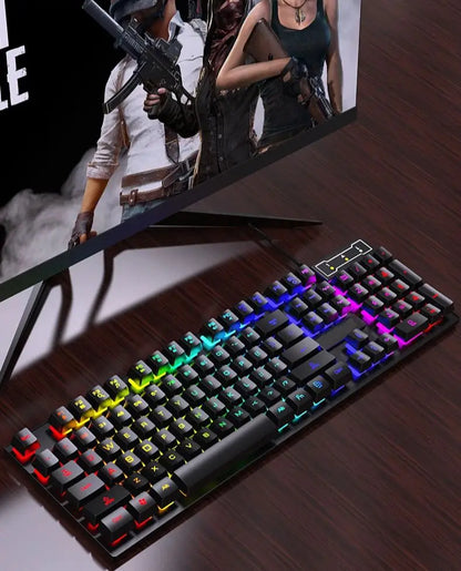 Conjunto de teclado com fios de 104 teclas com retroiluminação RGB e efeito de respiração, teclado gaming ergonómico e rato para computador, portátil, gamer e escritório