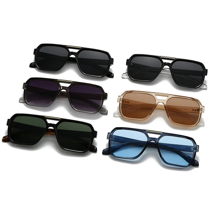 SO&EI Fashion Double Bridges Square Sunglasses Women Retro Rivets Blue Tea Shades UV400 Men Outdoor Gradient Sun Glasses