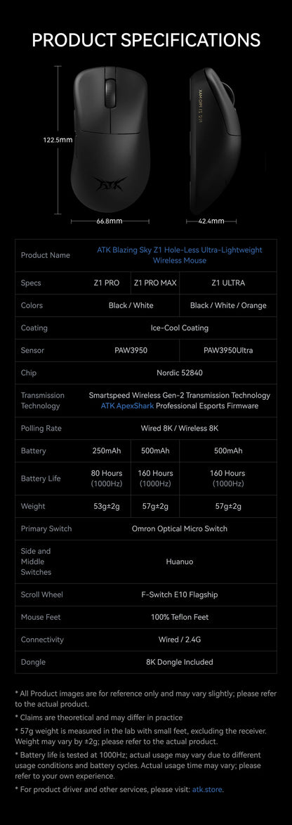 ATK Blazing Sky Z1 Series Wireless Gaming Mouse 8K, PAW3950 Ultra, Dual Mode, Lightweight Esports Mouse with Low Latency