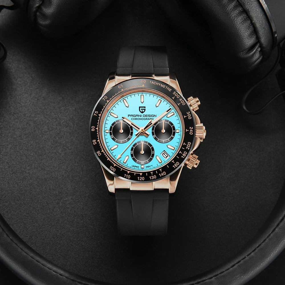 PAGANI DESIGN New Gold Blue Luxury Quartz Watch For Men Gift Box VK63 Movt Chronograph Sapphire Crystal Stainless Steel Watch