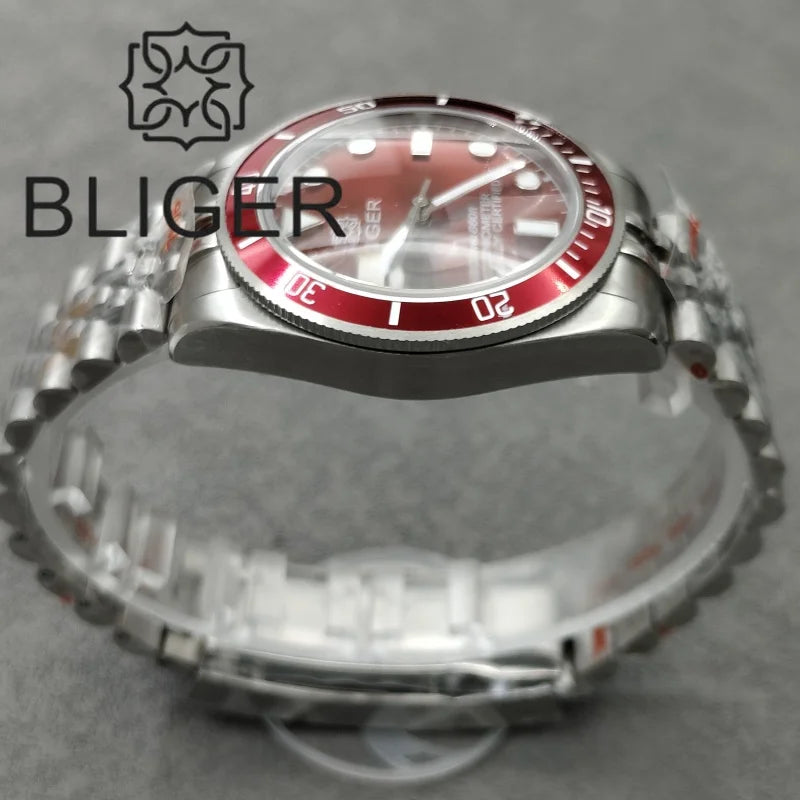 BLIGER 39mm Classic Wine Red Diver Watch For Men NH35 Mechanical Domed Sapphire Glass100m Waterproof Super Luminous Reloj Hombre