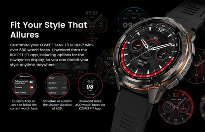 KOSPET TANK T3 Ultra 2 GPS Smart Watch for Men Bluetooth Call 5ATM IP69K Waterproof Men's Watch Stainless Steel Health Monitor