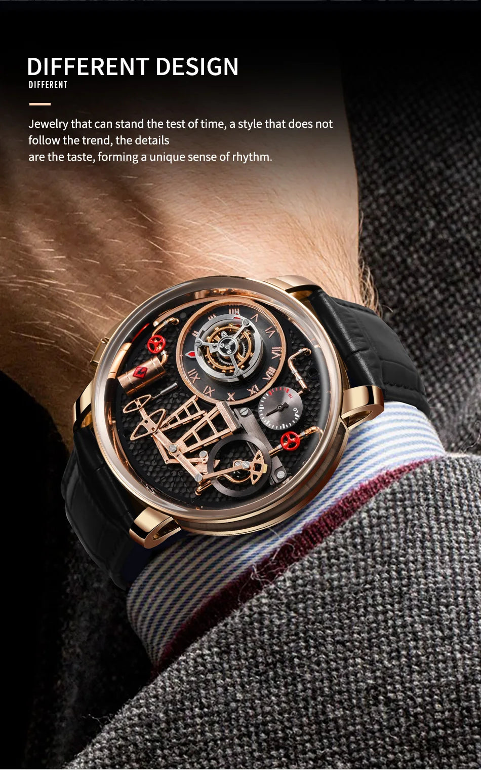 Orologio da uomo PINDU NEW TOP al quarzo con pulsante pompa olio, stile business, 45.5MM, vetro zaffiro, impermeabile, cinturino in pelle