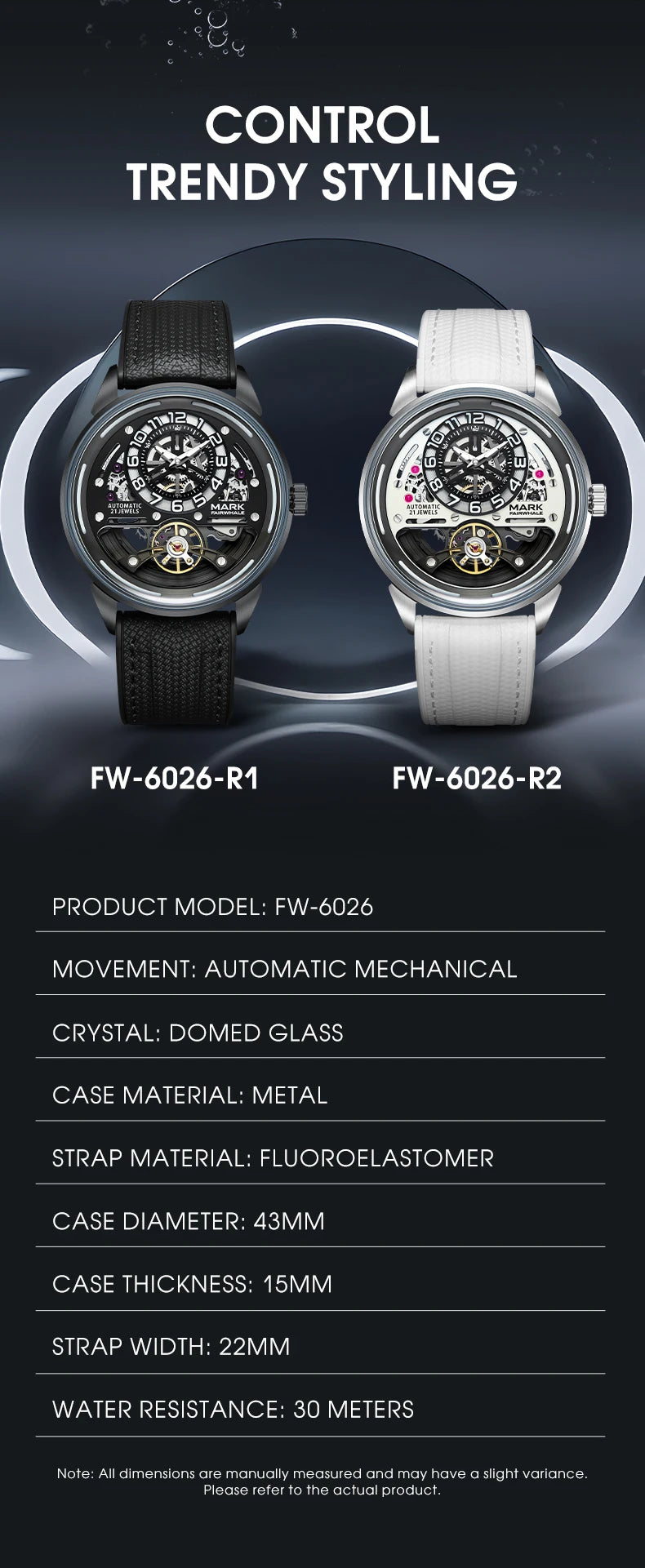 MARK FAIRWHALE Men's Automatic Watch Skeleton Dial Fluororubber Strap Waterproof Luxury Fashion Wristwatch