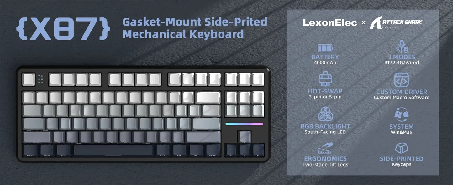 ATTACK SHARK X87 Wireless Mechanical Gaming Keyboard Tri-Mode BT5.0/2.4G/USB-C Gasket Hot Swappable Custom Keyboard Pre-lube