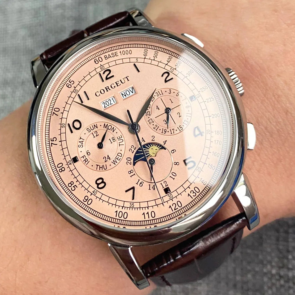 Orologio automatico da uomo Multification con data, giorno, mese e anno, orologio meccanico da uomo in 316L, cassa lucidata, indicatore giorno/notte, 42mm