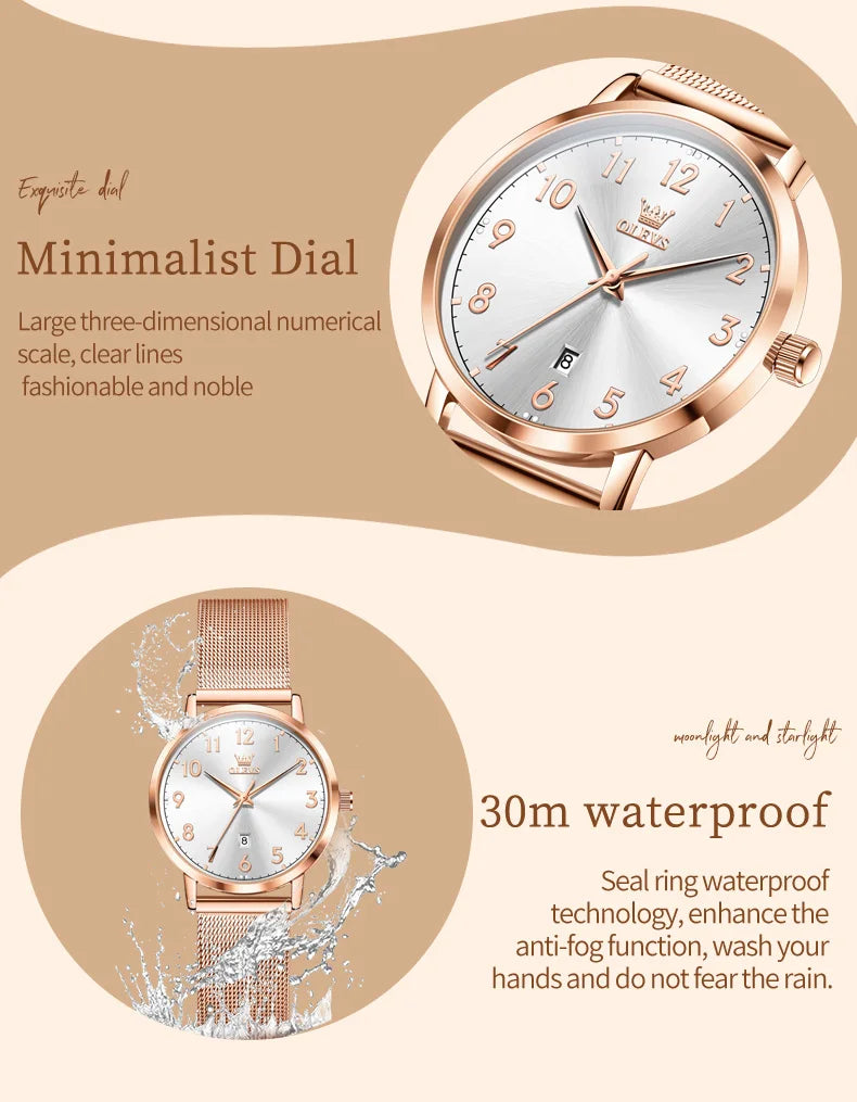 OLEVS New Woman Watch Luxury Brand Quartz Watch Elegant Rose Gold Digital Waterproof Watches Simple Bracelet Women's Watch 5653