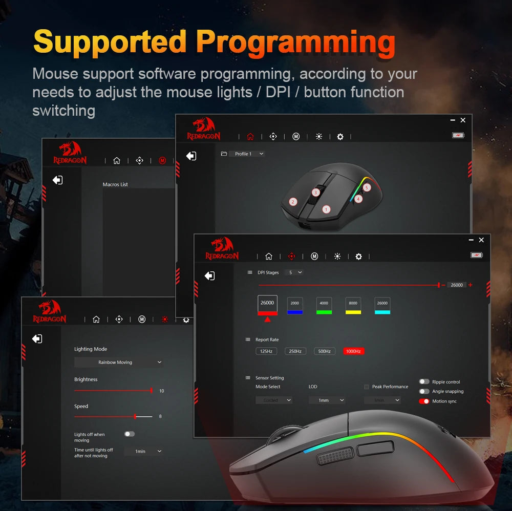 Mouse gaming REDRAGON DEICIDE M816 PRO RGB USB con supporto Bluetooth 2.4G wireless, 26000 DPI, 6 pulsanti per gamer, mouse cablato per computer