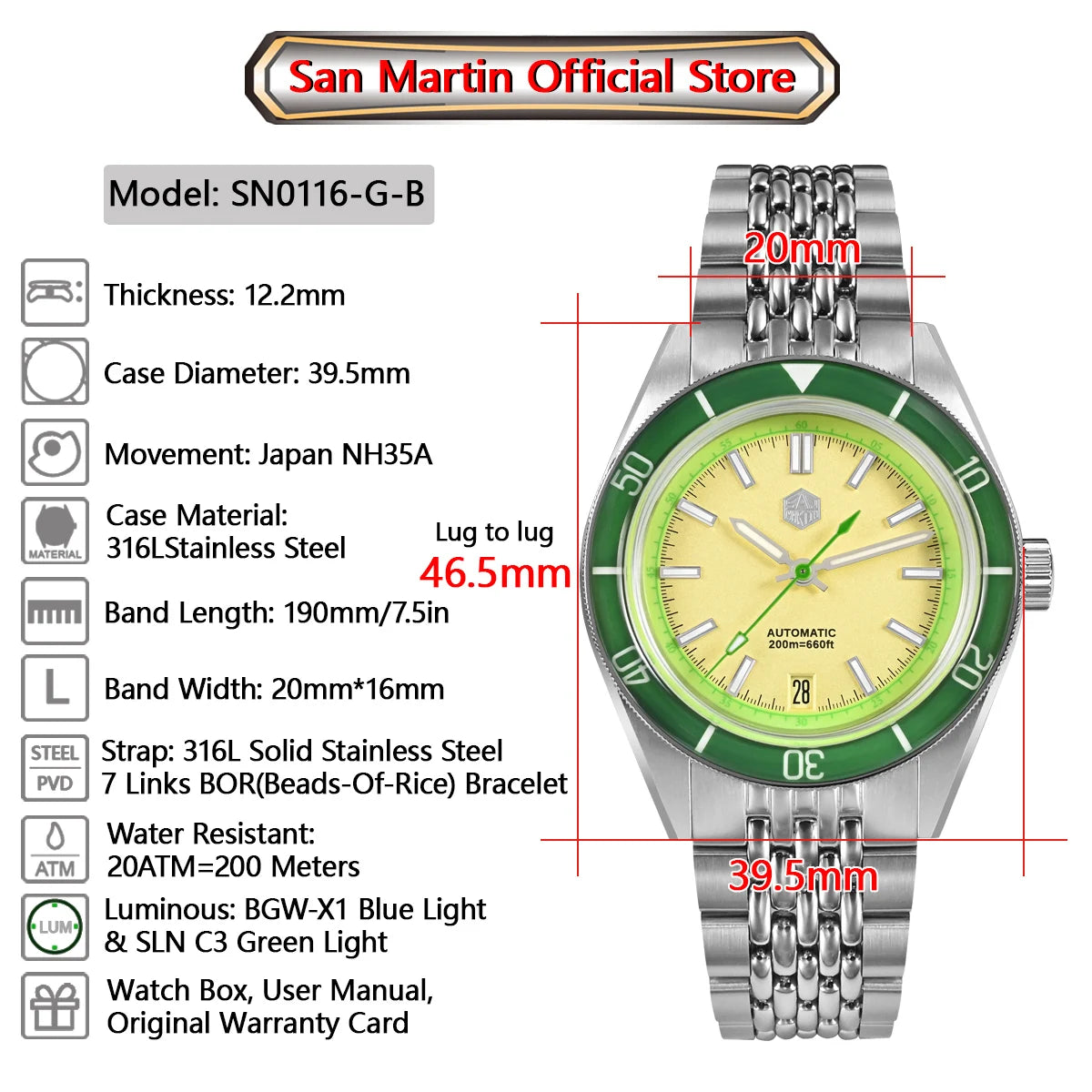 San Martin 39.5mm Summer Dive Watch Fashion Fun Fruit Series Men Sports Watches NH35 Automatic Mechanical 20 ATM SN0116 Reloj
