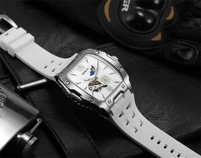 SKROX Designer Luxury Moon Phase Toubillon Automatic Movement Mechanical Clock High Quality Waterproof Silicone Men's Watches