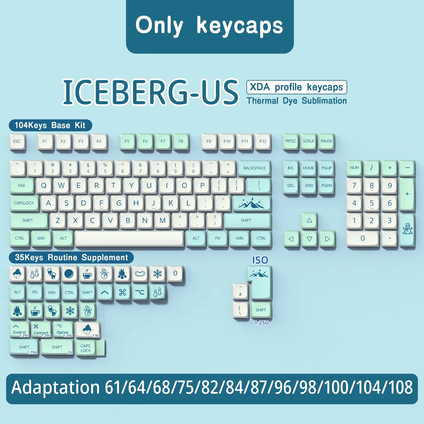 Keycaps Iceberg perfil XDA, brasileiro, coreano, japonês, russo, espanhol e francês, tecla Enter ISO em PBT para teclado mecânico GK61