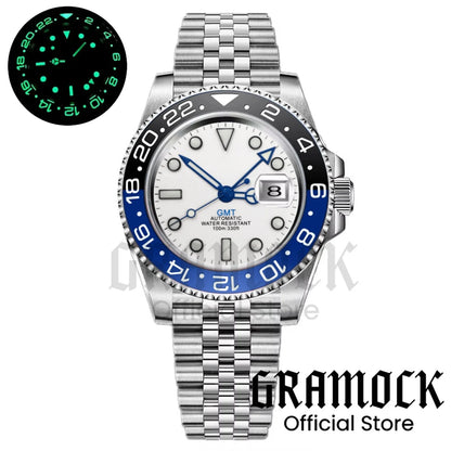 Gramock White Dial Blue GMT 40MM Watch For Men Roating Bezel Sapphire Glass Waterproof Reloj Hombre NH34A Mechanical Wristwatch