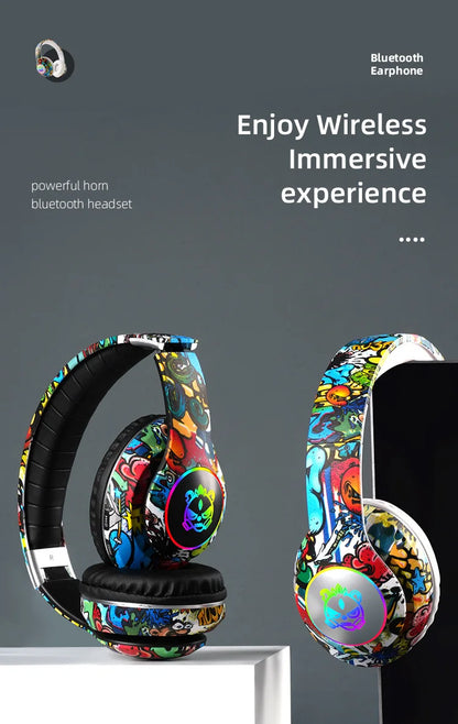 Auscultadores Gaming Bluetooth Sem Fios New Graffiti LX-8686 com Microfone, Iluminação LED, Suporte para Cartão TF, Graves Profundos e Design Over-Ear para PC, Gaming e Crianças